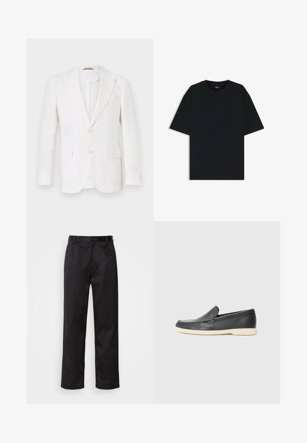 White linen blazer with a structured design, two-button front closure, peak lapels, single chest pocket, and two side pockets.; Black cotton t-shirt with a round neckline and short sleeves. Features a loose fit and a simple design without patterns or accents.; Black trousers made of smooth fabric, featuring a front button closure, pleats, and straight legs. No visible patterns or accents.; Black leather slip-on loafers with a textured finish and a contrasting beige rubber sole. Features a subtle accent along the front.