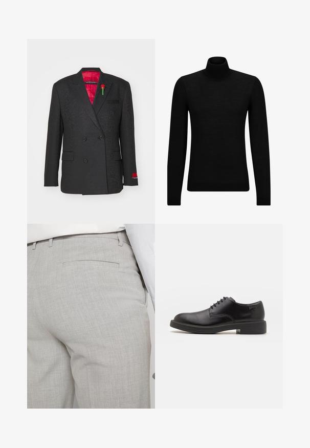 HUGO X LES BENJAMINS HASAN - Suit jacket - dark blue; Black turtleneck sweater made of soft material, featuring long sleeves and a snug fit. Ribbed trim at the hem and cuffs. Simple design.; Light gray tailored trousers made of textured fabric, featuring a single back pocket and clean stitching.; Black leather lace-up shoe with a rounded toe, smooth texture, minimal stitching, and a low rubber heel. Logo on the heel.