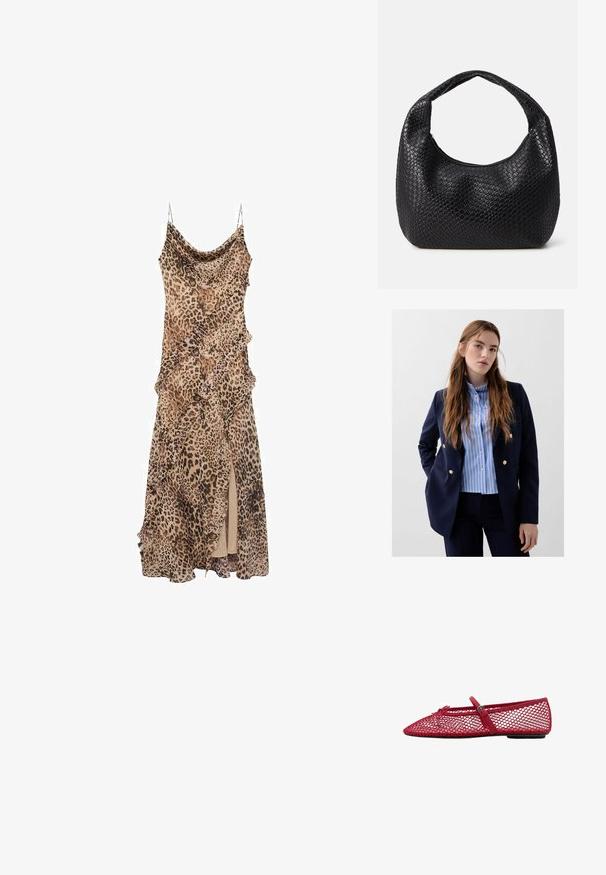 Blazer marin cu accente din butoane aurii peste o cămașă cu dungi albastre și albe, asortat cu pantaloni închiși la culoare. Textură de material neted.; Rochie cu imprimeu leopard, având un design drapat, cu volane pe margini și o fanta până la coapsă. Fabricată dintr-un material ușor, cu bretele subțiri.; Balerini roșii din plasă cu vârful ascuțit, prezentând o curea subțire și un detaliu cu cataramă. Partea superioară are un model deschis, în formă de fagure.; Pungă țesută neagră cu o formă rotunjită, o singură mânere și închidere cu fermoar. Fabricată dintr-un material texturat cu un model complex.