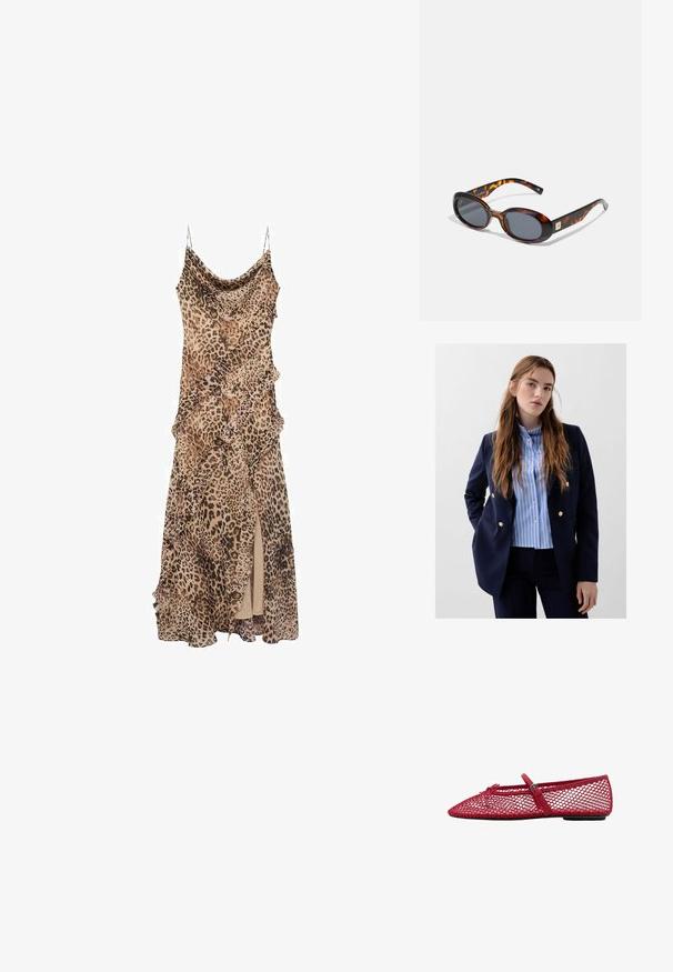 Marineblazer met gouden knoopaccenten over een lichtblauw en wit gestreept overhemd met knopen, gecombineerd met donkere broeken. Gladde stofstructuur.; Leopardprint jurk met een gedrapeerd ontwerp, voorzien van ruches langs de randen en een hoge split tot aan de bovenbeen. Gemaakt van lichte stof met spaghettibandjes.; Rode mesh ballerina's met een spitse neus, voorzien van een dunne band en een gespdetail. De bovenkant heeft een open honingraatpatroon.; Bruine schildpad zonnebril met ovale lenzen en een donkergrijze tint. Bevat een goudkleurige accent op de slapen. Glad plastic oppervlak.
