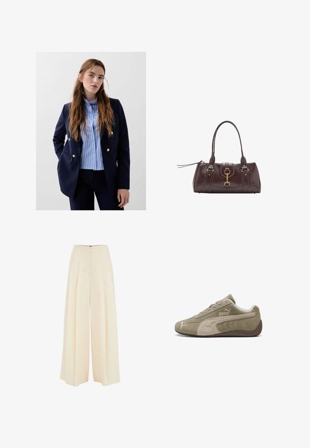 Marineblazer mit goldenen Knopfakzenten über einem hellblauen und weißen gestreiften Hemd, kombiniert mit dunklen Hosen. Glatte Stofftextur.; Cremefarbene Langarm-Sweatshirt aus weichem Stoff mit Rundhalsausschnitt und lässiger Passform. Verfügt über gerippte Bündchen und ein einfaches Design.; Weite Hosen aus leicht beigem Stoff, mit plissiertem Vorderdesign, hoher Taille und glatter Textur. Keine sichtbaren Beschläge oder Muster.; Wildledersneaker in Hellbraun mit dunkleren Akzenten, ausgestattet mit einem niedrigen Profil, Schnürverschluss und einem Markenlogo an der Seite.; Dunkelbraune Lederhandtasche mit zwei oberen Griffen, goldenen Hardware-Akzenten, einem Frontverschluss und gesteppten Texturen an den Seiten.