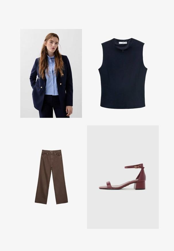Blazer bleu marine avec des accents de boutons dorés sur une chemise à rayures bleu clair et blanche, associé à un pantalon foncé. Texture du tissu lisse.; Haut sans manches bleu marine avec un col montant, fabriqué dans un tissu lisse. Comprend une fermeture éclair dissimulée et des coutures verticales pour un ajustement sur mesure.; Jean brown à jambes larges en denim, doté d'une taille haute, de poches avant et d'une fermeture à bouton classique. Texture lisse avec des coutures subtiles.; Sandale en cuir bourgogne avec un bout carré, une fine bride de cheville, des garnitures dorées et un large talon bloc. Texture lisse et design minimal.