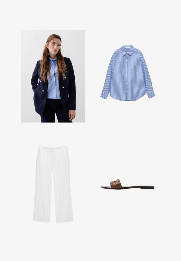 Marinblazer med guldknappacc33s ovanpå en ljusblå och vit randig skjorta, ihop med mörka byxor. Slät tygkvalitet.; Blå och vit vertikalt randig långärmad skjorta med knappar, spetsig krage och en enda bröstficka.; Vita vida byxor i mjukt tyg, med resårlinning och dragsko samt två sidofickor. Enkel och ren design.; Bruna lädersandaler med platt sula, med en bred rem och vita geometriska detaljer för en minimalistisk design.