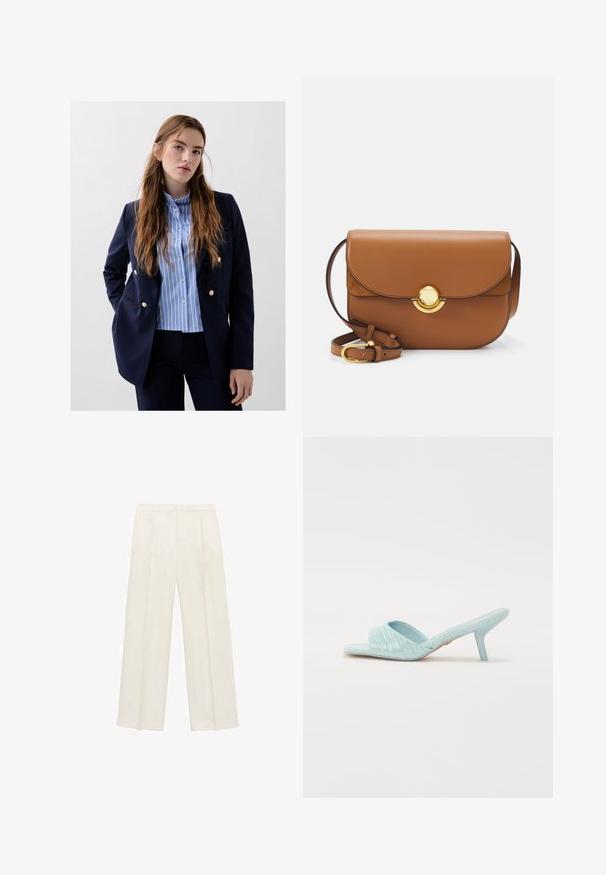 Marineblazer met gouden knoopaccenten over een lichtblauw en wit gestreept overhemd met knopen, gecombineerd met donkere broeken. Gladde stofstructuur.; Witte korte mouwen trui met een kabelbreipatroon, ronde halslijn en geribbelde onderkant. Zachte textuur, casual pasvorm en een strakke uitstraling.; Wijdgevallen broeken in een lichtcrème kleur. Gemaakt van een zachte stof met plooien aan de voorkant en zijzakken.; Lichtblauwe gehakte slippersandalen met krokodillenstructuur, open neus en een slanke stilettohak. Gladde, glanzende afwerking zonder versieringen.; Bruine leren schoudertas met ronde randen, magnetische flapsluiting en gouden hardware. Verstelbare schouderband voor veelzijdigheid.