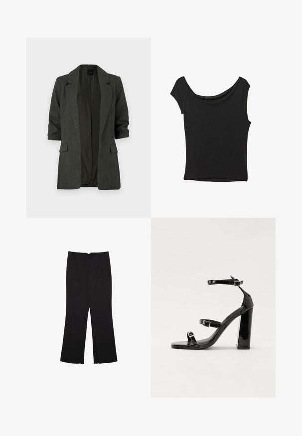 Tmavozelený blejzer vyrobený z textúrovaného materiálu, s klopovým golierom, rolovanými rukávmi a dvoma prednými vreckami. Otvorený dizajn.; Čierny krátky rukáv top vyrobený z hladkej tkaniny; má prehnutý výstrih a asymetrický lem, s priliehavým telom.; Čierne nohavice so strihom rovného strihu, s prednými vreckami a bočnými rozparkami na leme. Vyrobené z mäkkej, hladkej tkaniny. Vhodné na rôzne príležitosti.; Čierne lakované sandále na podpätku so štvorcovou špičkou, navlečenými remienkami okolo členku a striebornými prackami. Disponujú masívnym blokovým podpätkom pre stabilitu.