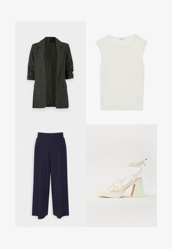 Blazer verde escuro feito de um tecido texturizado, com colarinho com lapelas, mangas roladas e dois bolsos frontais. Design de frente aberta.; Top branco sem mangas com decote redondo. Feito de um tecido liso, apresenta um corte descontraído e um design minimalista. Sem padrões ou detalhes.; Calças largas em tecido azul-marinho escuro com uma textura ribada. Apresenta uma cintura suave e uma silhueta fluida, atingindo o comprimento até metade da panturrilha.; Sandálias brancas de salto alto com um salto robusto, apresentando um design com tiras e amarração no tornozelo. Textura suave com uma plataforma na frente para altura adicional.