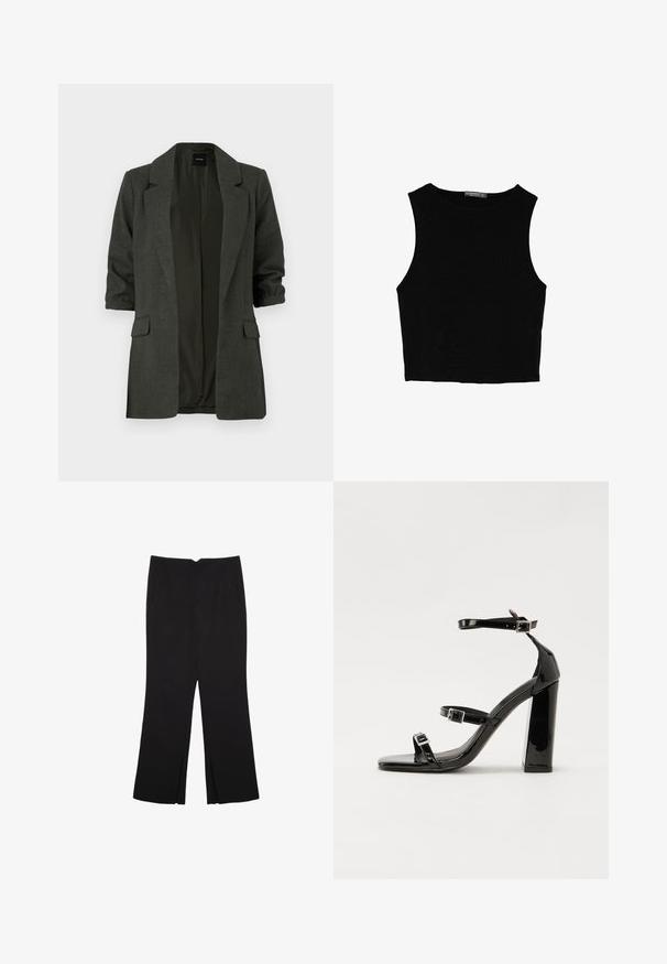 Ciemnozielony żakiet wykonany z teksturowanej tkaniny, z wywiniętym kołnierzem, rękawami do podwinięcia oraz dwiema przednimi kieszeniami. Model o otwartym przodzie.; Czarny bezrękawnik crop top z gładkiego materiału, z okrągłym dekoltem i czystym, prostym wzornictwem, bez wzorów czy metalowych elementów.; Czarne spodnie o prostym kroju, z przednimi kieszeniami i bocznymi rozcięciami na dole. Wykonane z miękkiego, gładkiego materiału. Odpowiednie na różne okazje.; Czarne lakierowane sandały na obcasie z kwadratowym noskiem, z paskami wokół kostki i srebrnymi klamrami. Posiadają masywny słupek dla stabilności.