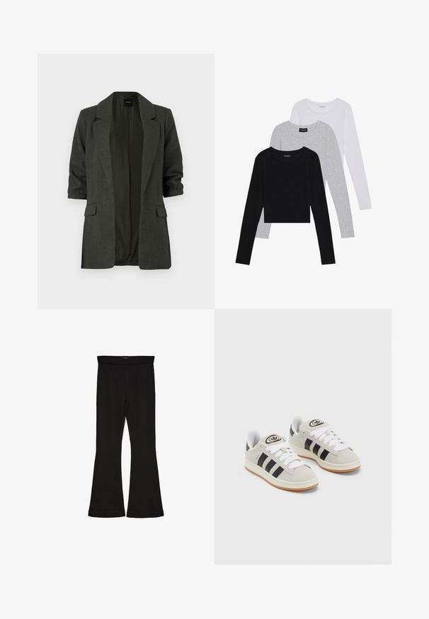 Dunkelgrüner Blazer aus strukturiertem Stoff, mit Reverskragen, hochkrempelbaren Ärmeln und zwei Vordertaschen. Offenes Frontdesign.; Drei langärmelige Oberteile gestapelt: schwarz, grau und weiß. Jedes hat einen runden Halsausschnitt und ein kurzes Design aus glattem, leichtem Stoff.; Schwarze Schlagleggings aus dehnbarem Stoff. Sie verfügen über einen breiten Bund und eine glatte Textur, mit einer enganliegenden Silhouette, die am Saum ausgestellt ist.; Graue Wildledersneaker mit weißen Schnürsenkeln, schwarzen Streifen und einer weißen Gummisohle. Merkmale sind ein kreisförmiges Logo auf der Zunge und eine Gummisohle.