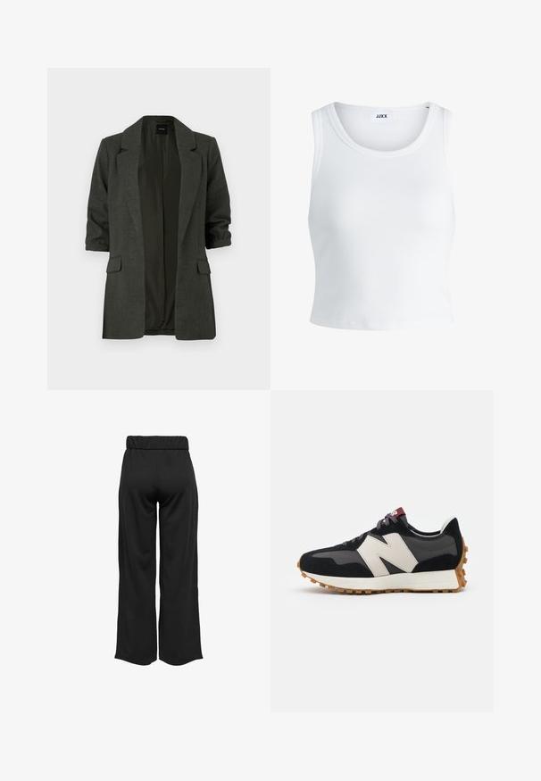 Dunkelgrüner Blazer aus strukturiertem Stoff, mit Reverskragen, hochkrempelbaren Ärmeln und zwei Vordertaschen. Offenes Frontdesign.; Weißes, geripptes Tanktop mit rundem Halsausschnitt, ärmellosem Design und kurzer Länge. Das Etikett trägt die Aufschrift "JJXX". Glatte Stoffstruktur.; Schwarze, weit geschnittene Hose mit elastischem Bund, aus glattem Stoff gefertigt. Hat ein cleanes Design ohne Taschen oder sichtbare Nähte.; Schwarze und graue Wildledersneaker mit einem großen cremefarbenen "N"-Logo, lila Schnürsenkeln und einer strukturierten Gummisohle.