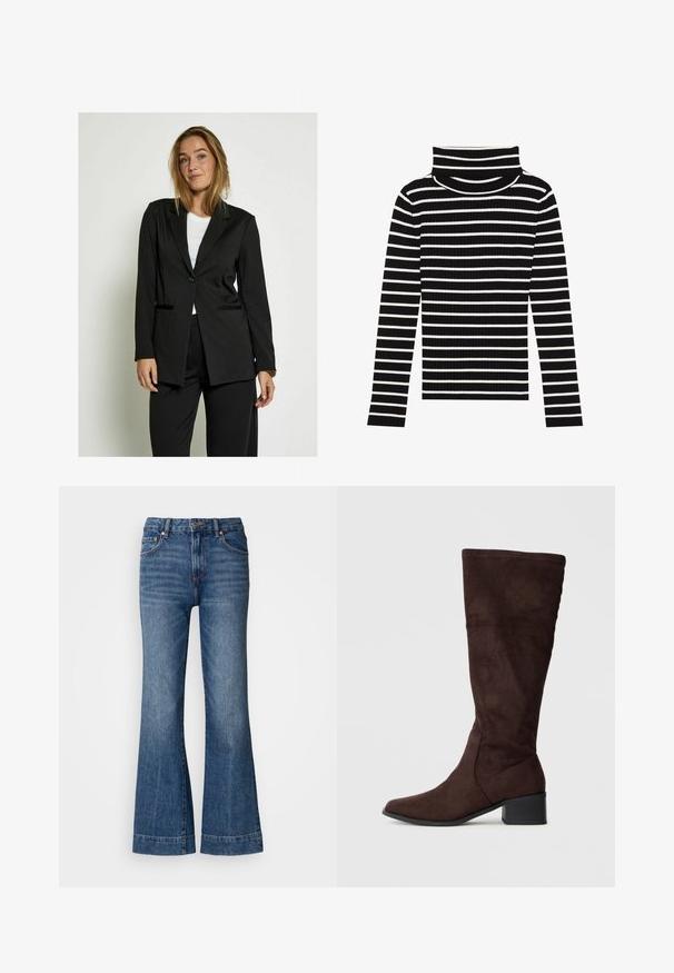 Desires - Żakiet; Czarno-biały sweter z golfem w paski, żebrowana tekstura, dopasowany krój, długie rękawy, wysoki kołnierz, równomierne rozmieszczenie pasków.; Dzinsy typu flare w ciemnoniebieskim kolorze. Posiadają pięć kieszeni, szlufki na pasek oraz pomarańczowe przeszycia. Gładka tekstura z klasycznym krojem.; Brązowe zamszowe kozaki za kolano z ostro zakończonym noskiem i obcasem w kształcie bloku. Gładka tekstura, dopasowany krój z minimalnymi detalami przeszyć.