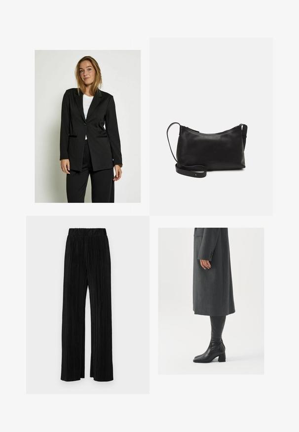 Desires Bleiseri - black; Mustat ribbitetut pitkähihaiset tiukat neuleet, joissa on pyöreä pääntie, esillä yksinkertaisella vaalealla taustalla.; Mustat pleatatut housut, joissa on joustava vyötärö. Ominaisuuksiin kuuluvat leveät lahkeet ja sileä, teksturoitu kangas, jossa on pystysuoria raitoja.; Harmaa, muotoiltu pitkätakki suoran leikkauksen kanssa; yhdistetty polven yli yltäviin mustiin nahkasaappaisiin, joissa on neliön muotoinen kärki ja paksu kanta.; Musta nahkainen olkalaukku, jossa on sileä pinta, kaareva muoto, säädettävä hihna ja vetoketjukiinnitys. Minimalistinen muotoilu ilman koristeita.