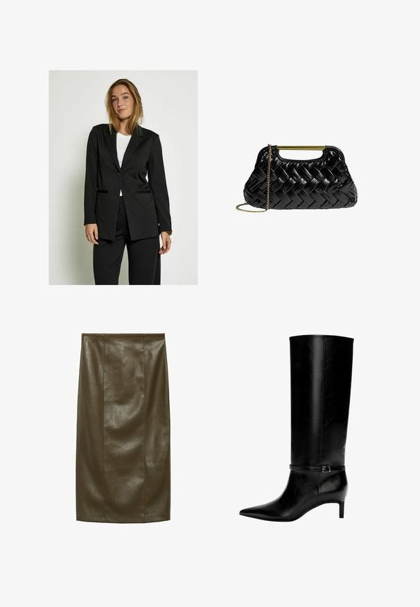 Desires Bleiseri - black; Pitsimäblouse vaaleanpunaisessa sävyssä, jossa on frilla-kaulus, pitkähihaiset hihat ja nauhakiinnitys edessä; hihansuissa on levenevät, frillamaisten reunojen yksityiskohdat.; Olivi vihreä tekonahkainen kynähame, jossa on sileä pinta, polvipituinen, ja siinä on pystysaumat, jotka antavat räätälöidyn ilmeen.; Mustat nahkasaappaat polven yli, joissa on terävä kärki ja pieni korko. Niissä on kapea hihna metallisoljella nilkan ympärillä. Suora pinta.; Mustan kudotun nahkalaukun kultainen metallikahva ja irrotettava ketjuhihna. Omistaa kiiltävän pinnan ja pehmeän, pyöristetyn muodon.