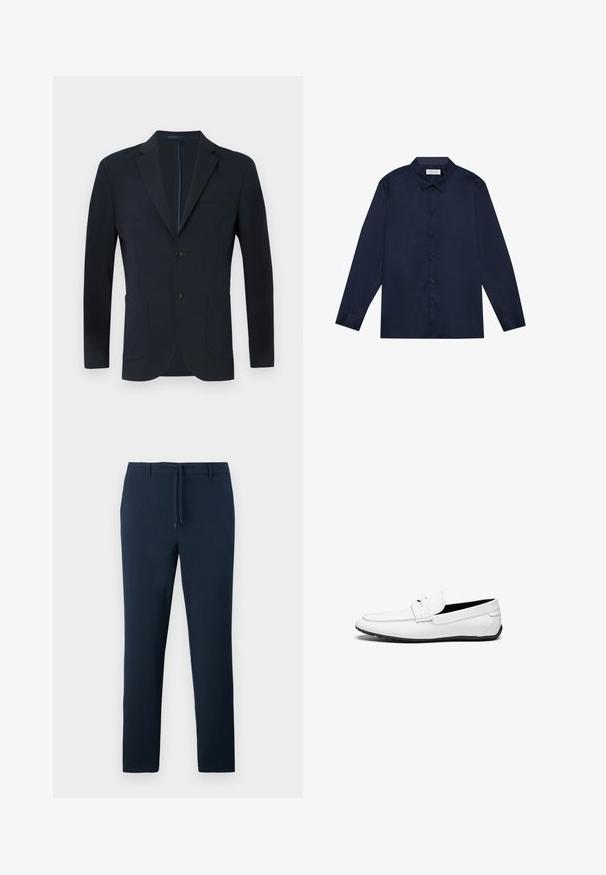 Blazer azul-marinho com um corte ajustado, dois botões, lapelas recortadas e dois bolsos frontais. Tecido suave com um brilho sutil e sem padrões visíveis.; Camisa de manga longa azul-marinho feita de um tecido suave, apresentando frente com botões, colarinho e interior decorado com padrão contrastante.; Calças azul-marinho feitas de um tecido texturado, apresentando um design de perna reta, bolsos frontais e uma cintura com cordão ajustável.; Mocassins brancos em couro com um acabamento suave, apresentando um detalhe costurado, um bico arredondado e uma sola de borracha preta para melhor aderência.