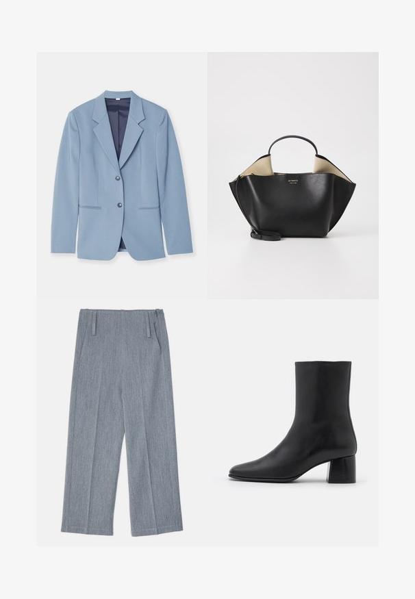 Světle modrý blejzr z hladké tkaniny s klopovým límcem, dvěma knoflíky a předními kapsami s jemnými stehovými detaily.; Černý dlouhý rukáv top vyrobený z měkkého materiálu, s kulatým výstřihem a volným střihem, se bočními rozparky na olemování pro snadný pohyb.; Svetle šedé, široké kalhoty vyrobené z texturované tkaniny, s dvěma předními sklady a dvěma bočními kapsami. Čistý, upravený design.; Černé kožené kotníkové boty s špičatou špičkou a robustním čtvercovým podpatek. Hladká textura s bezšvovým designem a minimalistickým prošíváním.; Ree Projects ANN TOTE MINI - Kabelka - black