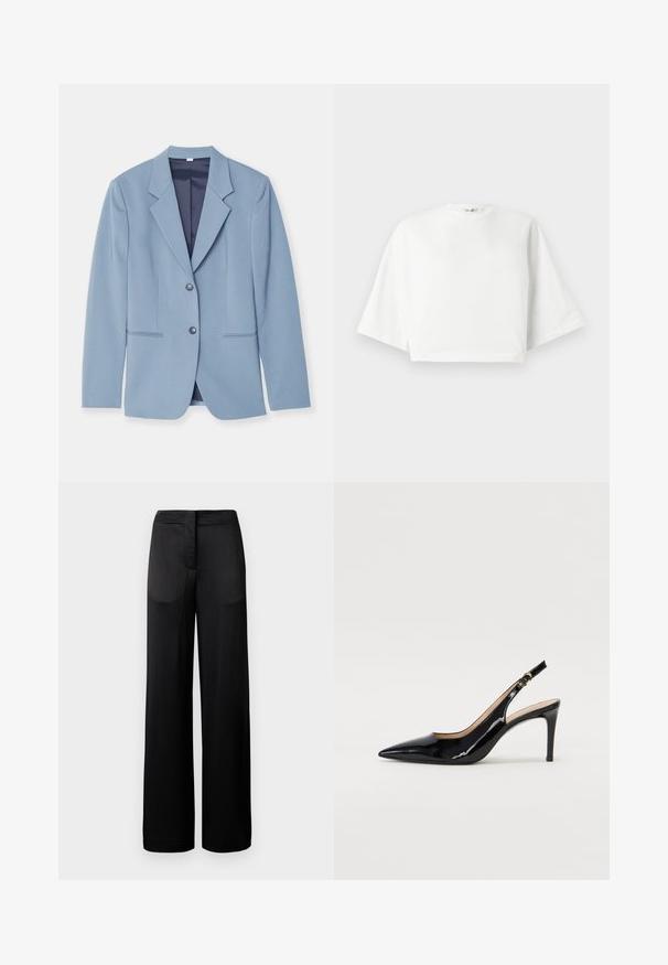 Vaaleansininen bleiseri, joka on valmistettu sileästä kankaasta ja jossa on viilletetty kaulus, kaksi nappia ja etupockets, joissa on huomaamattomat tikkausdetaljit.; Valkoinen lyhythihainen t-paita, jossa on rento istuvuus, leveät lyhyet hihat, pyöreä pääntie ja sivuhalkiot, valmistettu pehmeästä puuvillamateriaalista.; Lantio leveämustat housut, joissa on teksturoitu pinta. Niissä on litteä vyötärö ja kaksi sivutaskua. Kangas näyttää kevyeltä ja valuvalta.; Musta lakattu nahkainen slingback-korkokenkä, jossa on terävä kärki, kapea korko ja hillitty leikkaussuunnittelu. Varressa on kultainen solki.