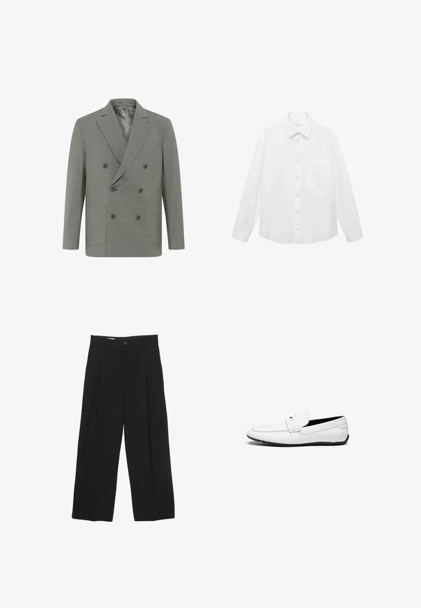 Dvojradový blejzer z svetlosivého materiálu, so zárezovými klopami, štyrmi gombíkmi, dvoma prednými vreckami a hladkým podšívkou.; Mango ANTARES - Košeľa - white; Čierne široké nohavice vyrobené z hladkej tkaniny, s plochým pásom, prednými záhybmi a jedným zapínaním na gombík.; Biele kožené loafers s hladkým povrchom, so šitým akcentom, zaoblenou špičkou a čiernou gumovou podrážkou pre lepšiu priľnavosť.