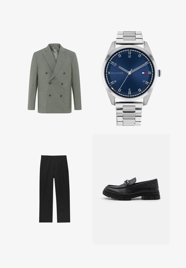 Dubbelsidig blazer i ljusgrå tyg, med notchade slag, fyra knappar, två främre fickor och en slät innerfoder.; Set med åtta svarta bomullströjor med korta ärmar och rundad halsringning, med en enkel design och mjuk textur.; Svarta byxor med rak ben-design, tillverkade av ett jämnt tyg. Har framfickor och en enkel knapplåsning i midjan.; Svart läderloafersko med rund tå, en dekorativ rem och hårdvara, samt en chunky texturerad sula. Slät finish med subtila detaljer.; Silver metall klocka med en borstad blå urtavla, vita timmarkörer och en datumvisning. Har ett länkande metallarmband och varumärkeslogotyp.