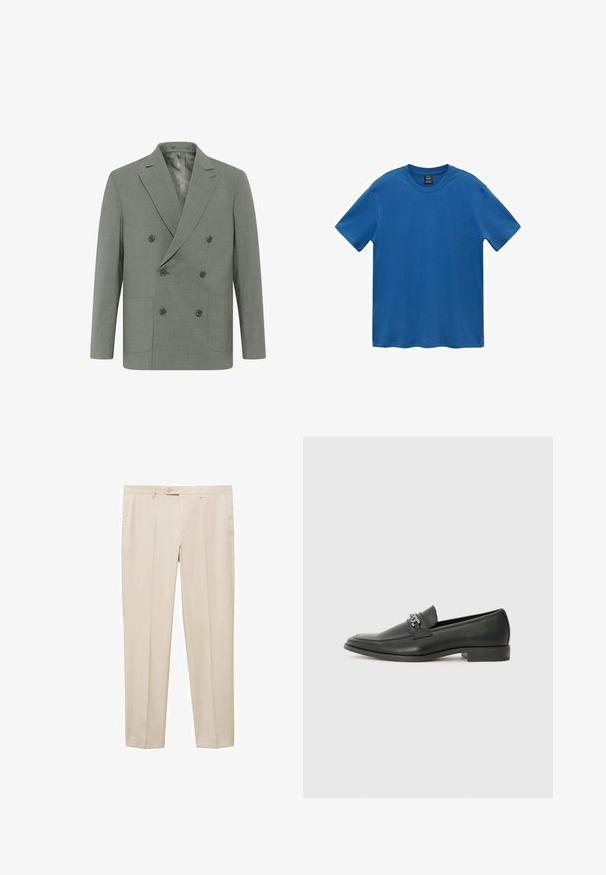 Kaksirivinen bleiseri vaaleanharmaasta kankaasta, jossa on notched-lapelit, neljä nappia, kaksi etutaskua ja sileä vuori.; Sininen puuvillainen t-paita, lyhyet hihat, pyöreä kaulus, yksivärinen, sileä pintakuvio, suora helma, ei kuvioita tai koristeita.; Beige mukautetut housut suoran leikkauksen kanssa, joissa on yksittäinen nappikiinnitys, kaksi sivutaskua ja litteä etusuunnittelu.; Musta nahkakengät, joissa on sileä pinta, koristeelliset ompeleet ja metalliketjun yksityiskohta kengän päällä. Littee korko.