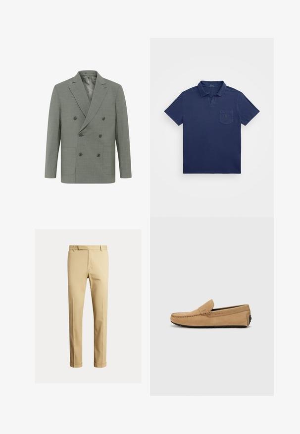 Divkāršā žakete gaiši pelēkā audumā, ar izgrieztiem kabatklapjiem, četriem pogām, divām priekšējām kabatām un gludu iekšējo oderi.; Tums zils polo krekls ar īsu apkakli, krūšu kabatu un izšuvumu. Izgatavots no mīkstas, teksturētas auduma.; Khaki chinos, kas izgatavoti no gludas kokvilnas auduma, ar pieguļošu dizainu, priekšējām krokām un elastīgiem galiem pie potītēm, nodrošinot sašaurinātu izskatu.; Beidzīgas zamšas mokasīni ar izšūtu purngali, pieslīdēšanas dizains un melna gumijas zole. Satur nedaudz pamanāmu zīmolu uz sāna.
