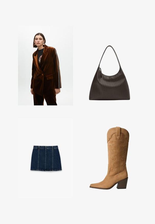 Brązowy aksamitny żakiet w podwójny guziki, z bocznymi kieszeniami i białymi oraz czarnymi paskami na rękawach.; Biała bluzka z długim rękawem o szerokim dekolcie, z bocznymi rozcięciami i gładkiego, lekkiego materiału, charakteryzująca się prostym, minimalistycznym designem.; Granatowa spódnica dżinsowa, z pięcioma pętlami na pasek, postrzępionym dołem i pionowymi przeszyciami. Prosty krój z lekkiego materiału.; Jasnobrązowy zamszowy kowbojski but z ostrym noskiem, akcentami w stylu zachodnim, średniej wysokości cholewką i drewnianą blokową podeszwą.; Spleciona torba skórzana w ciemnym brązie z zaokrąglonym, szerokim paskiem i gładką teksturą. Posiada zamek błyskawiczny oraz obszerne, zorganizowane wnętrze.