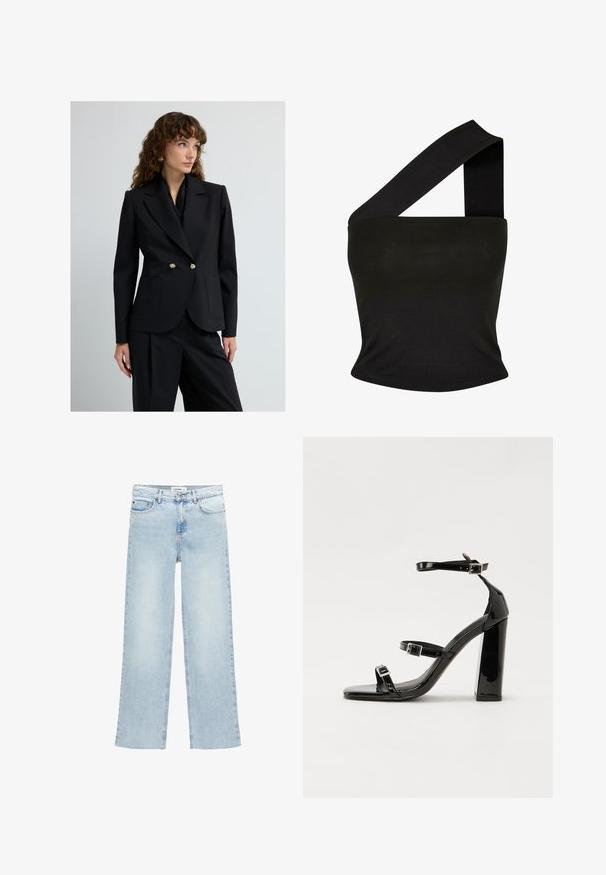 Svart skräddarsydd kavaj i slät tyg, med en dubbelknäppt design och guldknappdetaljer samt två framfickor.; Svart linne med en enda bred rem. Tillverkat av slät, stretchig tyg. Designen har en tajt siluett och en kort längd.; Ljusblå vida jeans i denim med hög midja, fem fickor och knäppning med knapp. Har minimala sömmar.; Svarta lackerade klacksandaler med fyrkantig tå, ankelremmar och silverfärgade spännen. Har en kraftig blockklack för stabilitet.