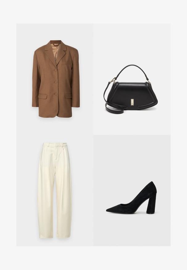 Brun blazer med laserkant, en knappslutning, två framsidor och en bröstficka. Slät textur och strukturerad design.; Vit ribbad T-shirt med rund halsringning och ärmar som går till armbågen. Tillverkad av mjukt material med en slät yta. Lappen synlig vid halsringningen.; Plisserade, högmidjade byxor i ljus gräddfärgad tyg. Har en rak passform och en slät yta. Inga fickor eller synlig hårdvara.; Svart mocka högklackad pumpsko med spetsig tå och klumpig klack. Snygg design, slät textur och minimalistisk stil. Ingen synlig märkning.; Svart läderhandväska med en strukturerad design, som har en avskuren form, ett handtag upptill och guldiga detaljer. Justerbar axelrem ingår.