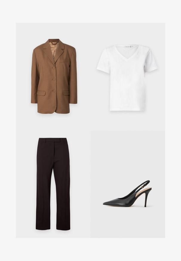 Blazer marrón con cuello de muesca, cierre de un botón, dos bolsillos frontales y un bolsillo en el pecho. Textura suave y diseño estructurado.; Camiseta blanca de manga corta y cuello en V, hecha de algodón, con una textura suave y un corte clásico. Etiqueta visible en el escote.; Pantalones negros, ajustados, con un diseño de pierna recta, que presentan un frente plano y lazos para cinturón. Fabricados con una tela ligera y suave.; Zapato de tacón alto de piel negra con tirante trasero, punta afilada, textura suave y una delicada correa con una hebilla metálica.