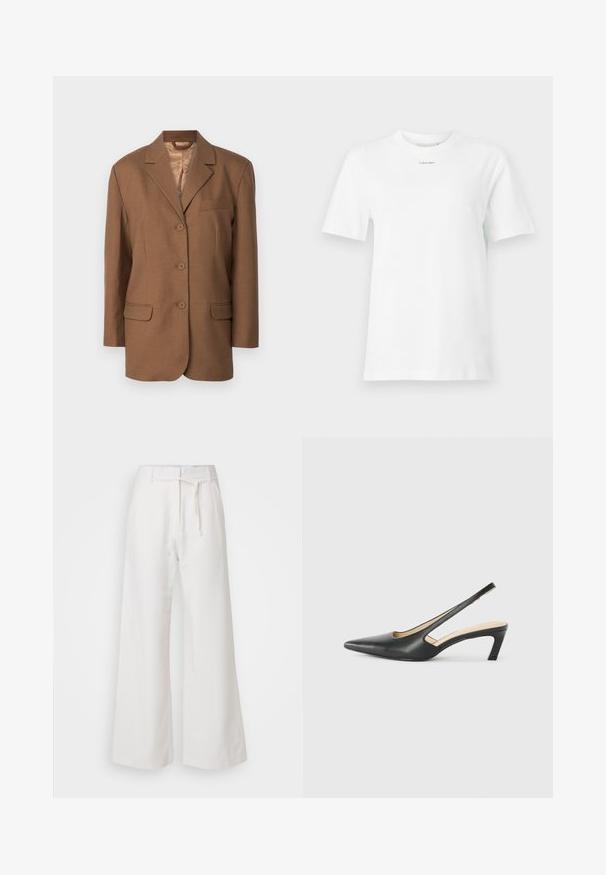 Pruun bleiser, millel on lõikega krae, ühe nupuga sulgemine, kaks eesmist taskut ja rinnaesine tasku. Sile tekstuur ja struktureeritud disain.; Valge puuvillane t-särk, millel on ümar kaelus, lühikesed varrukad ja rinnal väike must "Calvin Klein" logo. Lihtne disain, ilma mustriteta.; DAY Birger et Mikkelsen TERRI SOLID - Püksid - cloud cream; Must mustaga, terav varvas, madala kontsaga sildiga king, mis on valmistatud siledast nahast ja mille küljel on lõike disain hingavuse tagamiseks.