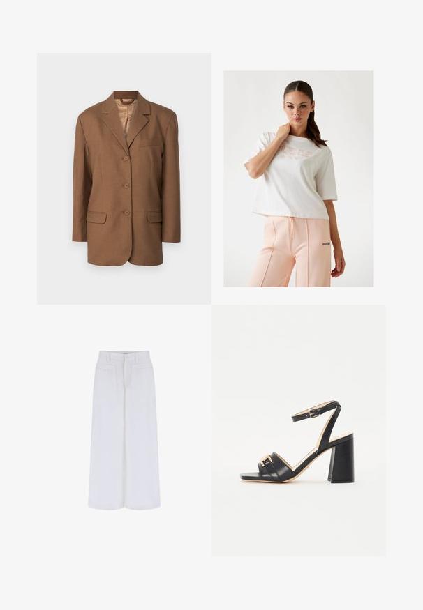 Smeđa jakna s rebrastim ovratnikom, zatvaranjem na jedan gumb, dva prednja džepa i jednim džepom na prsima. Glatka tekstura i strukturirani dizajn.; Bijela skraćena majica s ''GUESS'' logom u svijetlo ružičastoj, u kombinaciji s breskvastim trenirka hlačama s crnim logom sa strane. Glatka pamučna tekstura.; Bijele hlače širokih nogavica s glatkom teksturom, sadrže dva prednja džepa i dugme za zatvaranje, dizajnirane za opušteni kroj.; Crne sandale na visokom petu od glatke kože, s kvadratnim vrhom, remenom oko gležnja i zlatnim akcentom na prednjem dijelu.