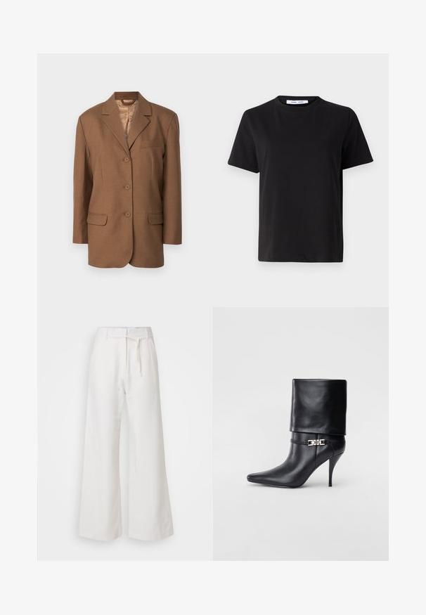 Ruskea bleiseri, jossa on viistetty kaulus, yhdellä napilla suljettuna, kaksi etupusseja ja rintatasku. Sileä rakenne ja huoliteltu muotoilu.; Musta lyhythihainen t-paita, joka on valmistettu pehmeästä puuvillasta. Paitassa on pyöreä kaula-aukko, rento malli ja sileä pinta. Ei näkyviä kuvioita tai graafisia elementtejä.; DAY Birger et Mikkelsen TERRI SOLID - Housut - cloud cream; Musta nahkasaapas nilkkapituudella, teräväkärkinen, korkea stiletto-korko, käännettävä varsi ja kultainen koristeellinen solki nilkassa.
