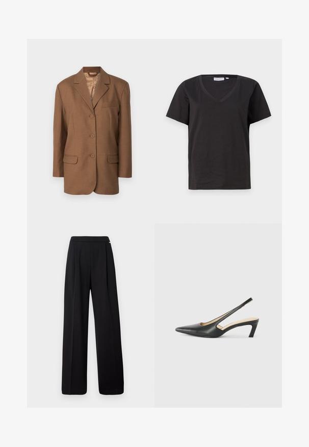 Rjav blazer z reženim ovratnikom, zapiranjem na en gumb, dvema sprednjima žepoma in žepom na prsih. Gladka tekstura in strukturirana zasnova.; Črna bombažna majica s kratkimi rokavi in V-izrezom. Preprost dizajn z običajnim krojem in brez vzorcev ali dodatkov.; Črne široke hlače iz gladkega materiala, s preprostim dizajnom in elastičnim pasom, brez vidnih vzorcev ali okraskov.; Črne čevlje s koničastimi nosovi in slingback obliko z nizko peto, izdelane iz gladke usnjene materiale ter s črtasto zasnovo na strani za prezračevanje.