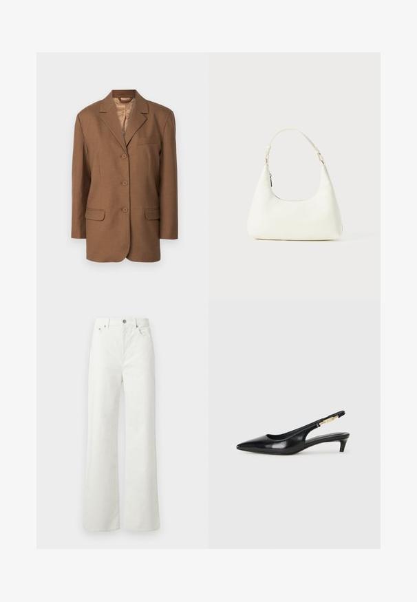 Sacou maro cu guler tăiat, închidere cu un singur nasture, două buzunare frontale și un buzunar pe piept. Textură netedă și design structurat.; T-shirt negru din bumbac, cu guler rotund, mâneci scurte și un logo brodat pe piept. Design simplu, cu o croială relaxată și fără modele.; Samsøe Samsøe SHELLY - Blugi loose fit - clear cream; Sandale slingback din piele neagră cu vârf ascuțit, având un toc subțire și un accent de culoare aurie pe curea ajustabilă. Textură netedă.; Geantă mică albă pentru umăr, cu o curea ajustabilă și închidere cu fermoar, pe un fundal alb simplu.