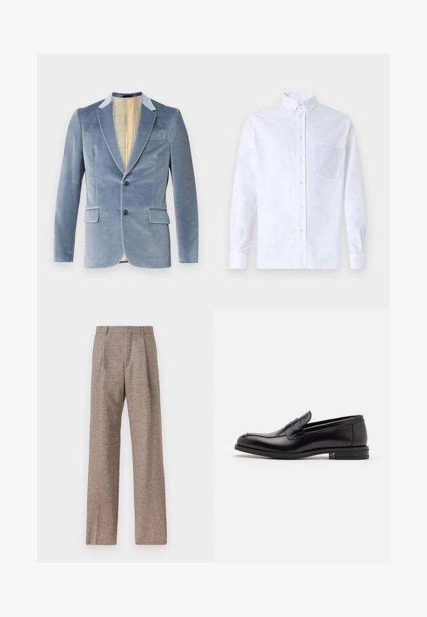 Hele sinine sametist bleiser kahe nööbiga, sakiliste krae ja kahe esiseguga. Interjööril on kreemikat värvi vooder. Ülimalt pehme tekstuur.; Valge pikamaa varrukatega nööbiga särk, mis on valmistatud puuvillast ja millel on rinna tasku toon-toonis brodeeringuga, krae ja nööbiga mansetid.; Prunnid, kõrge vöökohaga püksid, mis on valmistatud tekstureeritud kangast. Omavad laiu jalgu ja kahte eesmist voldikut struktuuri jaoks. Korralik viimistlus, ilma nähtava riistvarata.; Mustad mustad nahast loafers sileda tekstuuriga, ümarat ninaosa ja dekoratiivne riba vampi üle. Madal kihiline konts, minimalistlik disain.