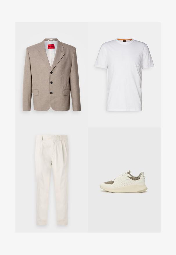 Bež jopič z oblikovanimi rameni, enojno zapiranje, trije črni gumbi, dva sprednja žepa in rdeča oznaka HUGO.; Bela bombažna majica s kratkimi rokavi in okroglim izrezom, z diskretnim reliefnim logotipom na prsih. Notranja oznaka ima oranžni akcent.; Bele, plisirane hlače s krojenim prileganjem, z gladko teksturo, z zankami za pas in ožjimi hlačnicami. Brez vidnih žepov ali vzorcev.; Beli in svetlo bež športni copat, s mrežastim zgornjim delom, perforiranimi detajli in teksturirano srednjim delom z blagovno znamko na peti.