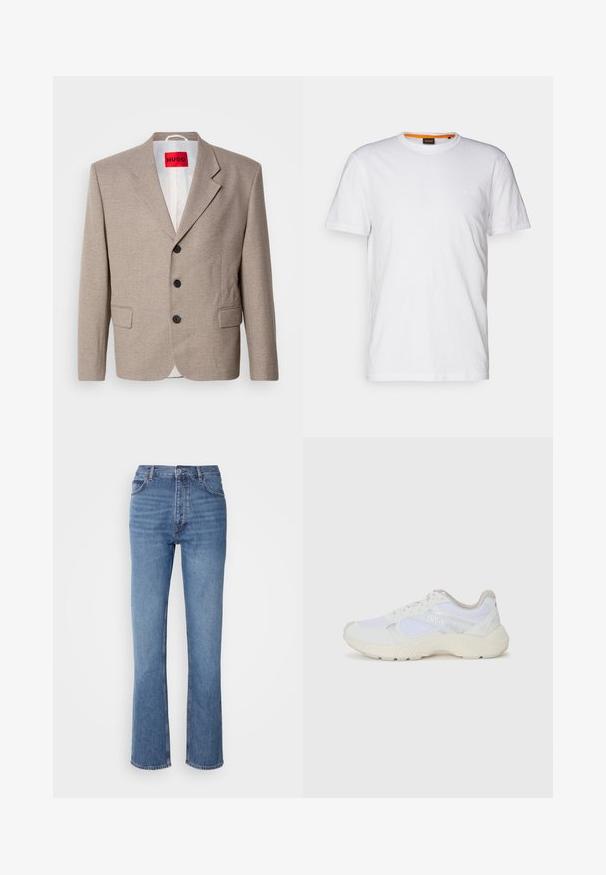 Béžový sak s upravenými ramenami, jednoradovým zapínaním, tromi čiernymi gombíkmi, dvoma prednými vreckami a červenou nálepkou HUGO.; Biely bavlnený tričko s okrúhlym výstrihom, krátkymi rukávmi a jemne embosovaným logom na hrudi. Vnútorná etiketa má oranžový akcent.; Modré denimové džínsy s vysokým pásom, rovnými nohavicami a jemným vyblednutím. Majú klasický strih s piatimi vreckami a zapínanie na zips.; Biele atletické topánky vyrobené z materiálov sieťoviny a semišu, s textúrovanou strednou podošvou, textúrovanými akcentmi a logom "HUGO" na boku.