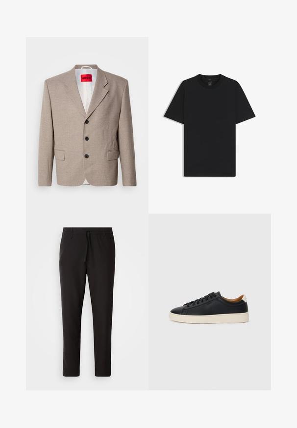 Blazer beige su misura con spalle strutturate, design monopetto, tre bottoni neri, due tasche frontali e etichetta HUGO in rosso.; Maglietta nera a maniche corte realizzata in un morbido misto cotone, con scollatura a girocollo e un design minimalista senza motivi o dettagli.; Pantaloni jogger neri realizzati in tessuto liscio. Presentano una vita elasticizzata con stringa, gambe affusolate e senza tasche visibili. Design semplice.; Sneakers in pelle nera con una texture liscia, suola in gomma beige, design con lacci e un accento del tacco in contrasto.