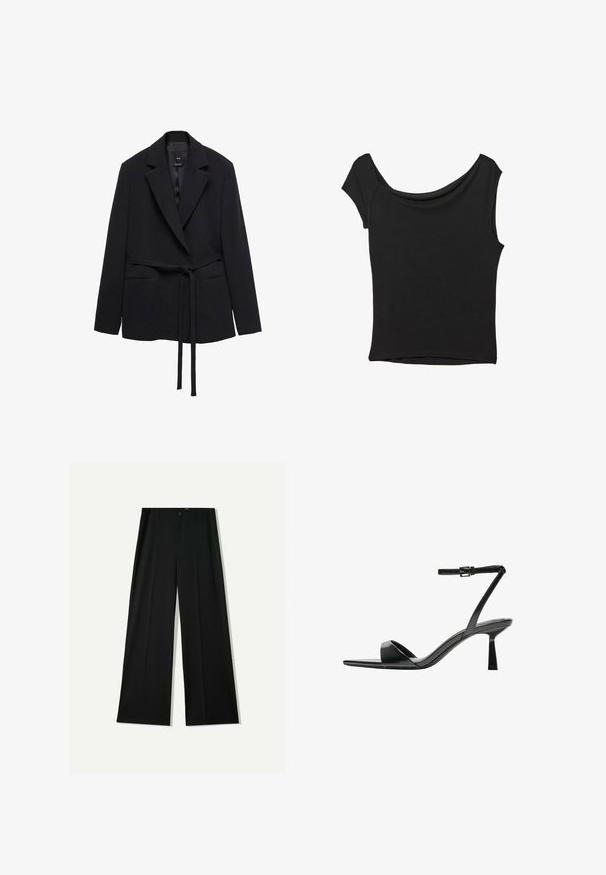 Mango TORTUGA - Blejzer - black; Čierny krátky rukáv top vyrobený z hladkej tkaniny; má prehnutý výstrih a asymetrický lem, s priliehavým telom.; Bershka WIDE - Nohavice - black; Bershka Sandále na vysokom opätku - black