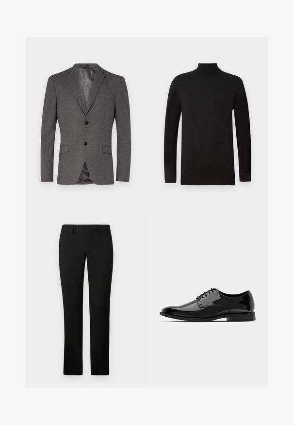 Sivi blejzer od teksturiranog materijala, s dva crna dugmeta, džepom na prsima, dva prednja džepa i glatkom, satenastom podstavom.; Crna turtleneck majica od mekog pletenog materijala. Ima duge rukave i uski kroj, s rebrastim ovratnikom i rubom. Minimalno brendiranje.; Crne hlače s krojem koji se prilagođava tijelu, s glatkom teksturom i ravnim dizajnom nogavica. Pojas ima petlje za remen i čistu obrubu.; Crne lakirane kožne cipele s okruglim vrhom, s vezicama i glatkom, sjajnom površinom. Imaju nisku gumenu potplat.