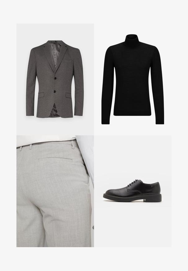 Pelēks žakets, izgatavots no strukturētas auduma, ar divām melnām pogām, krūšu kabatu, divām priekšējām kabatām un gludu, satīna līdzīgu oderi.; Melnā augstā kakla džemperis, kas izgatavots no mīksta materiāla, ar garām piedurknēm un pieguļušu piegriezumu. Ribota apdare ap apakšu un piedurknēm. Vienkāršs dizains.; Gaiši pelēkas pielāgotas bikses no teksturēta auduma, ar vienu aizmugurējo kabatu un tīru šuvju apdari.; Melna āda sašūta kurpe ar noapaļotu purngalu, gludu tekstūru, minimālu šuvju skaitu un zemu gumijas papēdi. Logo uz papēža.