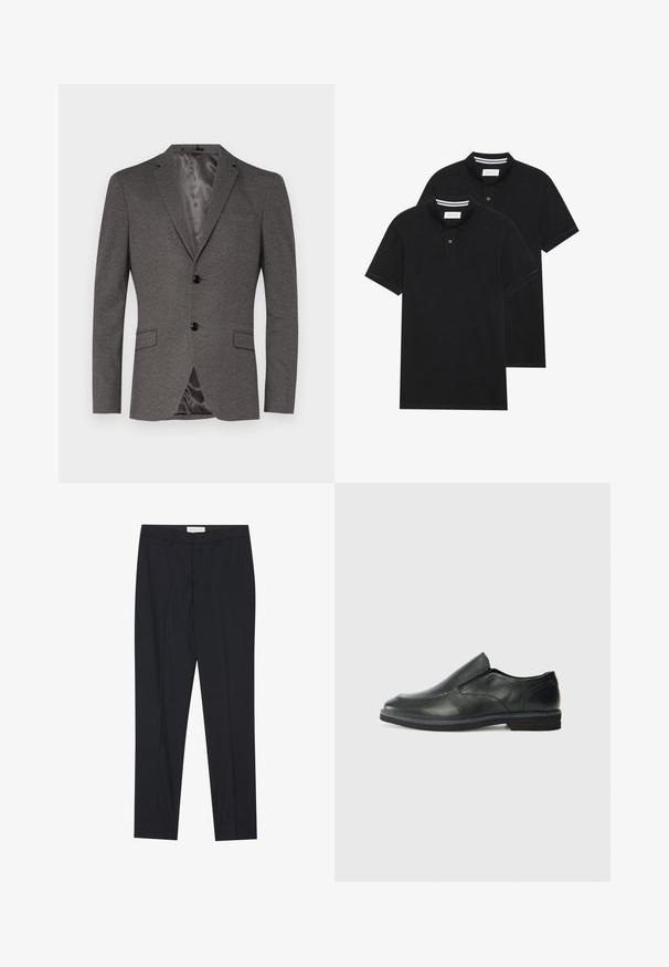 Hallide tekstuuriga hall bleiser, mis on varustatud kahe musta nööbiga, rinnatasku, kahe esitäispagiga ja siledast satiinilaadsest voodriga.; Kaks musta polo särki, lühikeste varrukatega, puuvillane materjal, klassikalise kraega, kahe nupuga kinnitusega, valgete triipudega krae sisepinnal.; Mustad kohandatud püksid lamedate esipooltega, tavaline lõige, valmistatud sileda kangaga, sisaldavad pressitud voldid ja küljetaskud.; Must musta laia suuga king, millel on sile ülemine osa, õmmeldud detailid, ümmargune nina ja madal kummist konts. Tallal on minimaalne mustr.