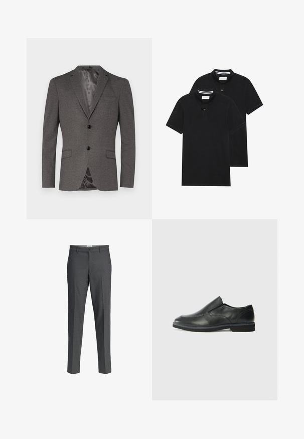 Blazer gris de tela texturizada, con dos botones negros, un bolsillo en el pecho, dos bolsillos frontales y un forro suave, similar a satén.; Dos camisetas polo negras, de manga corta, de material de algodón, que presentan un cuello clásico, una tapeta de dos botones y acentos de rayas blancas en el interior del cuello.; Pantalones de vestir grises con un diseño de corte recto, fabricados en una tela suave. Cuentan con un cierre de botón y dos bolsillos frontales.; Zapato negro de cuero sin cordones con un upper suave, detalles de costura, punta redonda y un bajo tacón de goma. La suela presenta una tracción mínima.