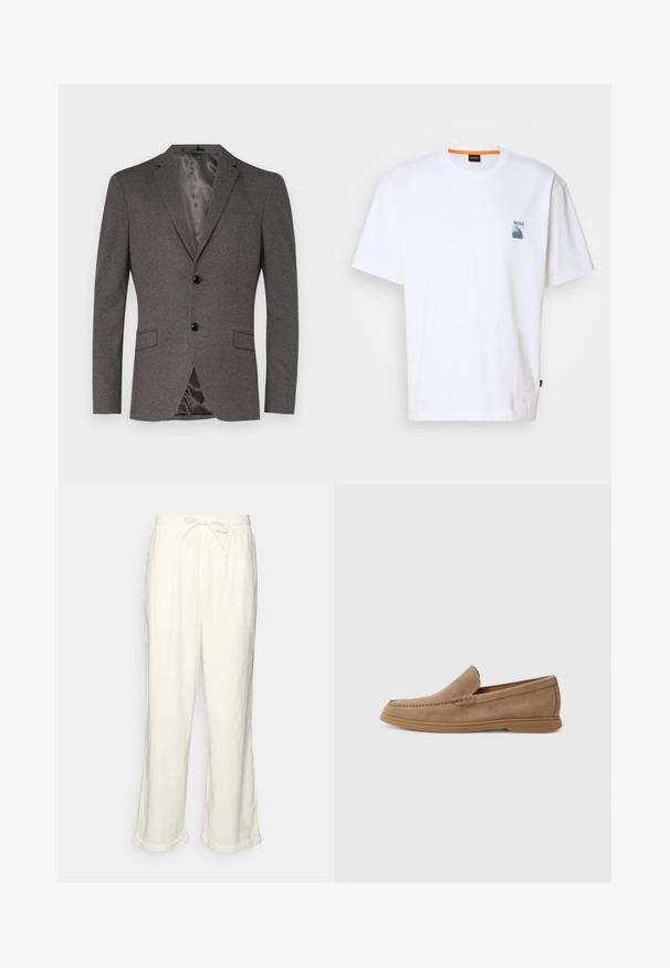 Pelēks žakets, izgatavots no strukturētas auduma, ar divām melnām pogām, krūšu kabatu, divām priekšējām kabatām un gludu, satīna līdzīgu oderi.; Balta kokvilnas T-krekls ar mazu zilu logotipu un grafiku kreisajā krūtī; brīvi pieguļošs ar klasisku apaļu izgriezumu.; Lina bikses off-white krāsā ar saistāmu jostasvietu, nedaudz platām kājām un sarullētām apakšmalām, lai nodrošinātu brīvu piegriezumu. Bez kabatām.; Brūni zamšaini slīdneši ar gludu tekstūru un stitched detaļām; aprīkoti ar gumijas zoli, lai nodrošinātu saķeri.