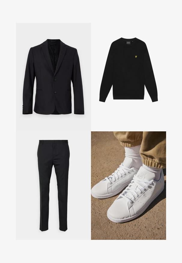 Zwarte blazer met een effen ontwerp, sluiting met twee knopen, notch-revers, voorzak en een subtiel patroon aan de binnenzijde. Zacht materiaal, gestructureerde pasvorm.; Zwarte katoenen sweatshirt met lange mouwen en een ronde hals. Voorzien van een klein geel adelaarslogo op de borst. Zachte textuur.; Zwarte op maat gemaakte broeken met een rechte pasvorm, gemaakt van gladde stof. Beschikt over riemlussen en een plooi-detail aan de voorkant.; Witte leren sneakers met een gladde oppervlakte, met een klassieke vetersluiting, perforaties voor ademend vermogen en een gestructureerde rubberen buitenzool.