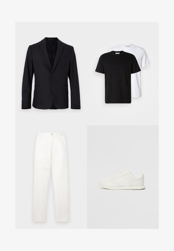 Blazer preto com design de abotoamento simples, fecho de dois botões, lapelas recortadas, bolso frontal e padrão interior subtil. Tecido suave, corte estruturado.; Duas T-shirts de algodão lisas, uma preta colocada à frente de uma branca, ambas com mangas curtas e decotes redondos.; Calças brancas feitas de um tecido suave, com um design de perna reta, pregas frontais e um fecho de botão único na cintura.; Sapatilha branca com parte superior em malha e sintético, bico arredondado, atacadores planos e uma faixa lateral texturizada. Sola em borracha com uma alça na parte de trás.