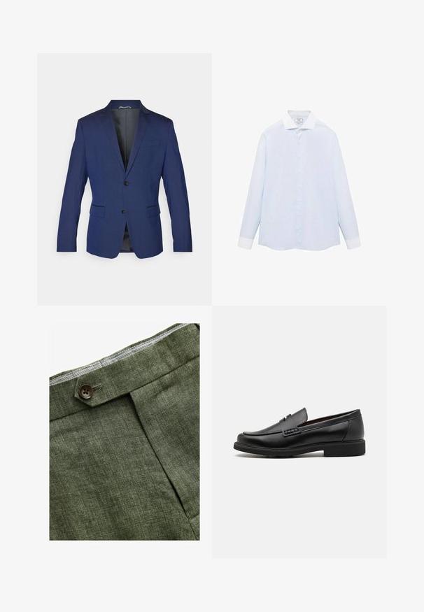 Marineblauwe blazer van een gladde stof, voorzien van een notch-kraag, twee knopen en twee voorzakken, met een enkele split aan de achterkant.; Lichtblauw gestreept overhemd met lange mouwen, witte kraag en manchetten, met een knoopsluiting aan de voorkant en een gebogen onderzoom. Gladde stoftextuur.; Olijf groene linnen broek met een voorplooi, voorzien van een knoopsluiting en een contrasterende geruite voering bij de tailleband.; Zwarte synthetische loafers met een opvallende gestikte voorkant, gevoerde binnenzool en platte rubberen buitenzool; slank ontwerp met minimale details.