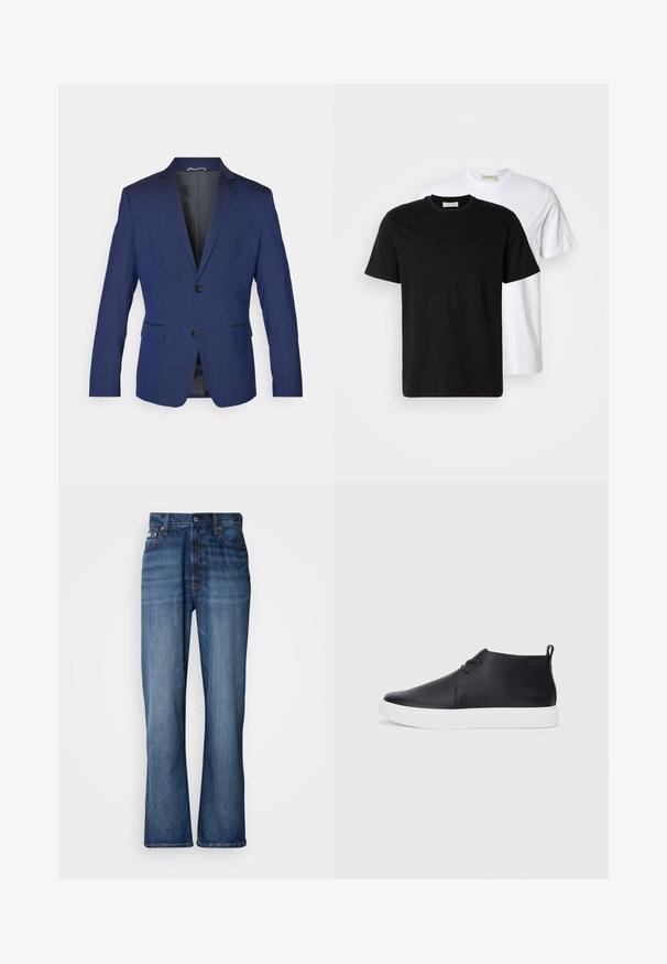 Navy modrý blejzr vyrobený z hladké tkaniny, s klopami, dvěma knoflíky a dvěma předními kapsami, s jedním rozventilovaným zadním dílem.; Dvě jednoduché bavlněné trička, jedno černé umístěné před bílým, obě s krátkým rukávem a kulatým výstřihem.; Modré džíny z denimu s vysokým pasem, rozšířenými nohavicemi, pětikapsovým designem a tónovaným šitím. Obsahují zapínání na knoflík a kovové nýty na kapsách.; Černé kožené vysoké tenisky s hladkým povrchem, bílou gumovou podrážkou a jednoduchým šněrováním. Obsahují poutko na zadní straně.