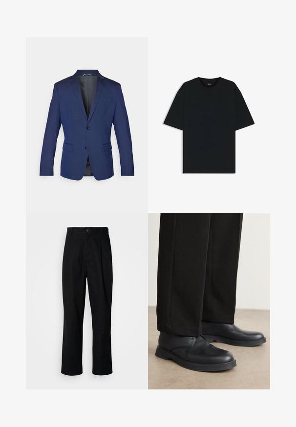 Navy blue blazer made from a smooth fabric, featuring a notched lapel, two buttons, and two front pockets, with a single vent at the back.; Black cotton t-shirt with a round neckline and short sleeves. Features a loose fit and a simple design without patterns or accents.; Black straight-leg trousers with a buttoned waistband, belt loops, and front crease, displayed against a plain white background.; Black leather shoes with a rounded toe, flat sole, and minimal detailing. Paired with tailored black pants, showing smooth texture.