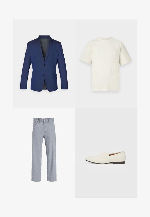 Blazer blu navy realizzato in tessuto liscio, con revers a punta, due bottoni e due tasche frontali, dotato di uno spacco singolo sul retro.; T-shirt a coste di un leggero beige con maniche corte e scollatura rotonda, presentato su uno sfondo bianco semplice.; Jeans in denim azzurro chiaro con vestibilità rilassata, design a gamba dritta, cuciture visibili, due tasche frontali e chiusura con bottone.; Mocassini beige chiaro con punta affusolata, materiale liscio, una fascia sulla tomaia e una suola bassa marrone. Design semplice con accenti minimi.