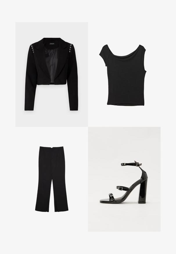 Tajmad svart blazer med en notch-krage, med silverfärgade öglor på axlarna och ett mjukt innerfoder. Skräddarsydd design, strukturerad passform.; Svart kortärmad topp i slät tyg; har en draperad halsringning och asymmetrisk nederkant, med en figursydd kropp.; Svarta byxor med rak passform, utrustade med framfickor och sidoklyvningar vid fållen. Tillverkade av mjukt, slätt tyg. Lämpliga för olika tillfällen.; Svarta lackerade klacksandaler med fyrkantig tå, ankelremmar och silverfärgade spännen. Har en kraftig blockklack för stabilitet.