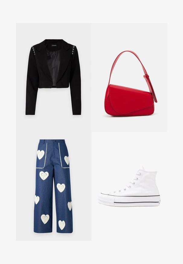 Juodo švarko, kirpto dizaino, su įpjovomis apykaklėmis, peties dalyje turi sidabrinius žiedus ir švelnų pamušalą. Prisiūtas dizainas, struktūruota forma.; Gėlių bluzonas su ilgomis pūkuotomis rankovėmis, šviesiai kreminiu pagrindu, su violetiniais, oranžiniais ir žaliais gėlių raštais bei klasikiniu apykaklės dizainu.; Sister Jane HEART TO HEART - Tiesaus kirpimo džinsai - blue denim; Balti aukštakulniai drobės sportbačiai su juodu guminio pado, priekinio guminio piršto dangteliu ir šešiais akytėmis raištams, pasižymintys švariu, minimalistiniu dizainu.; Raudona odinė rankinė su kampuota, geometrine forma. Pasižymi viena reguliuojama dirželiu ir dangteliu su siuvinėtais dekoracijomis.